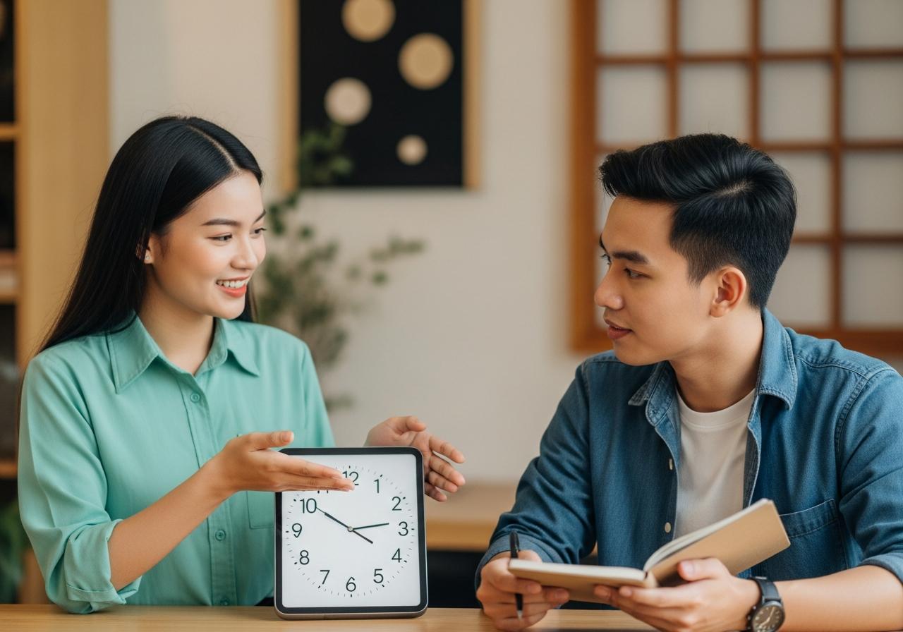 Áp dụng vào giao tiếp: Các mẫu câu hỏi và trả lời về giờ giấc người Nhật dùng hàng ngày