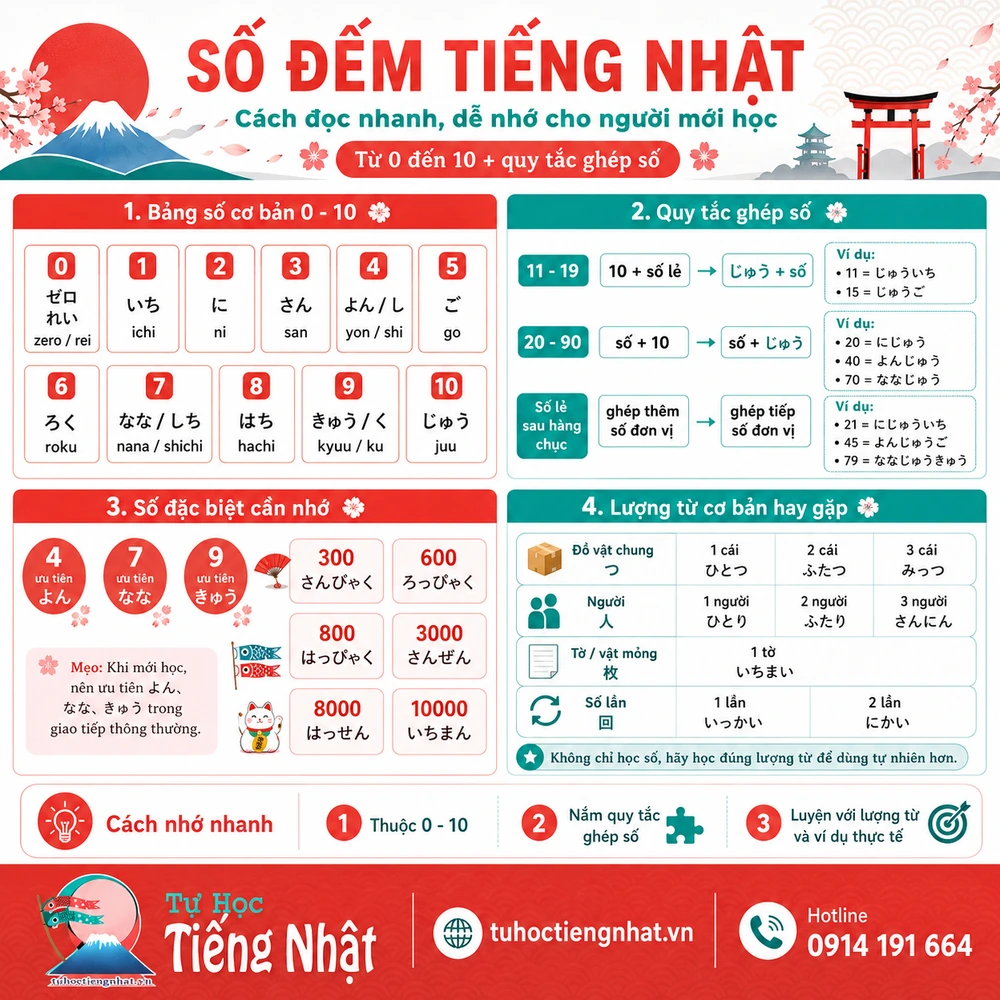 Số đếm tiếng Nhật là hệ thống đọc số để nói số lượng, giá tiền, tuổi, thời gian và thứ tự cơ bản.